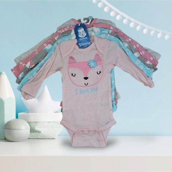 Gerber 5-Pack Baby Girls Fox Long Sleeve Onesies® Bodysuits 6-9 M - Picture 1 of 9